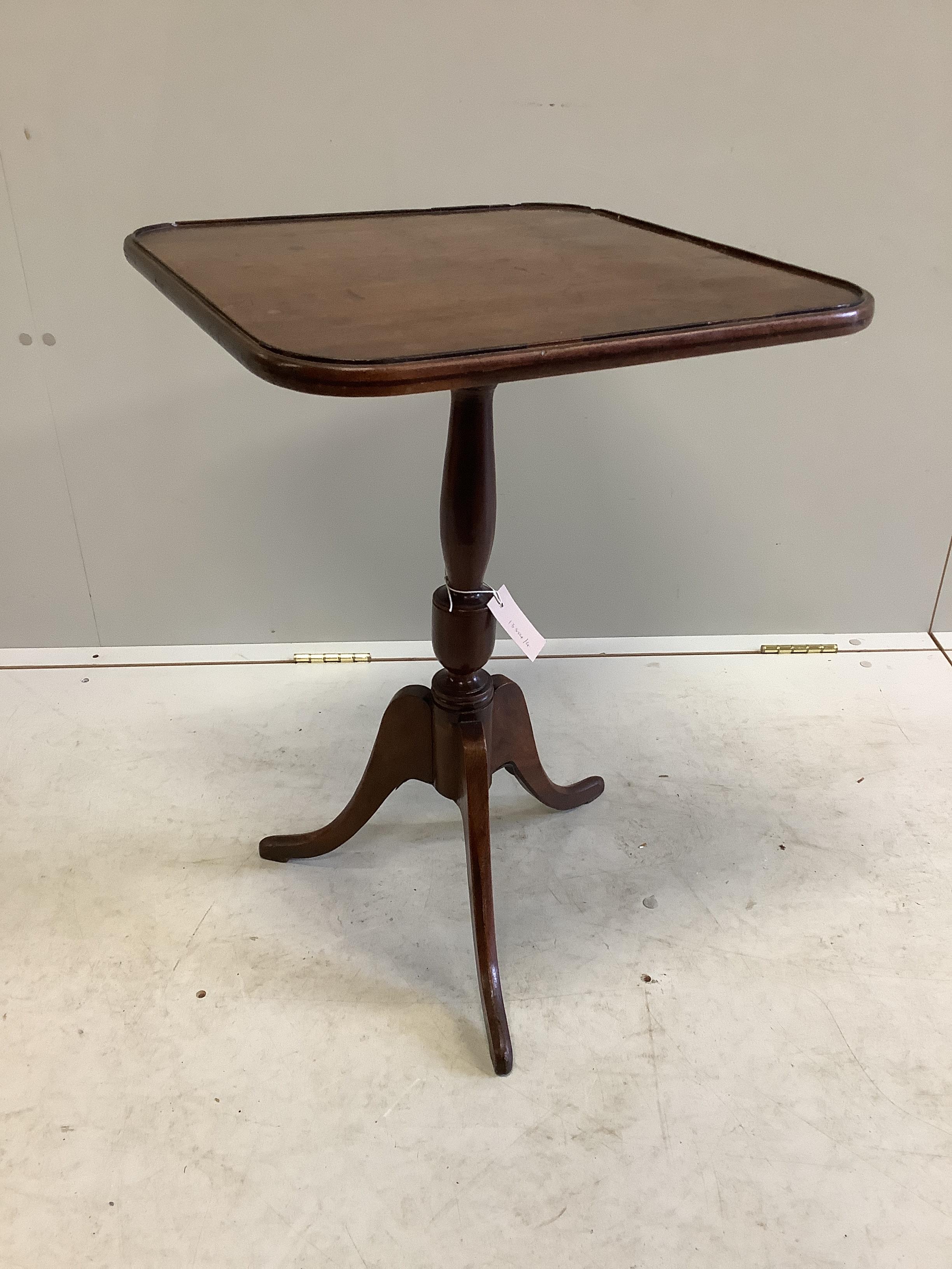 A George III square mahogany tripod wine table with associated top, width 47cm, height 66cm